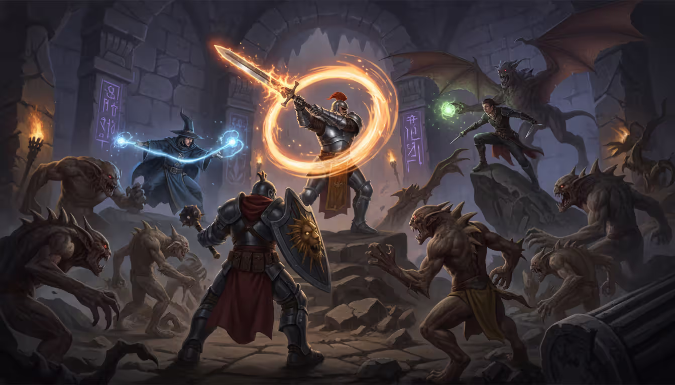 Fantasy dungeon party of five fighting a large monster pack with a two-handed sword warrior using a sweeping AoE attack in the center