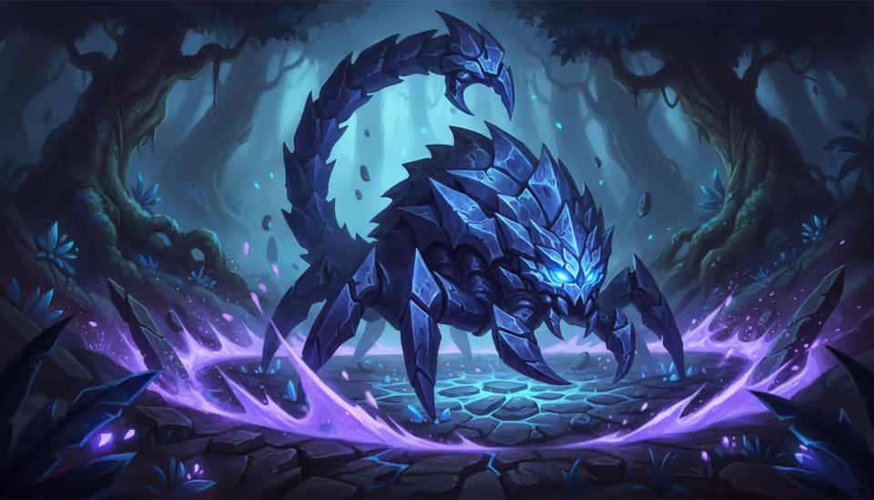 Reworked Skarner crystal scorpion champion standing in a dark jungle with glowing blue magical energy surrounding him in League of Legends art style