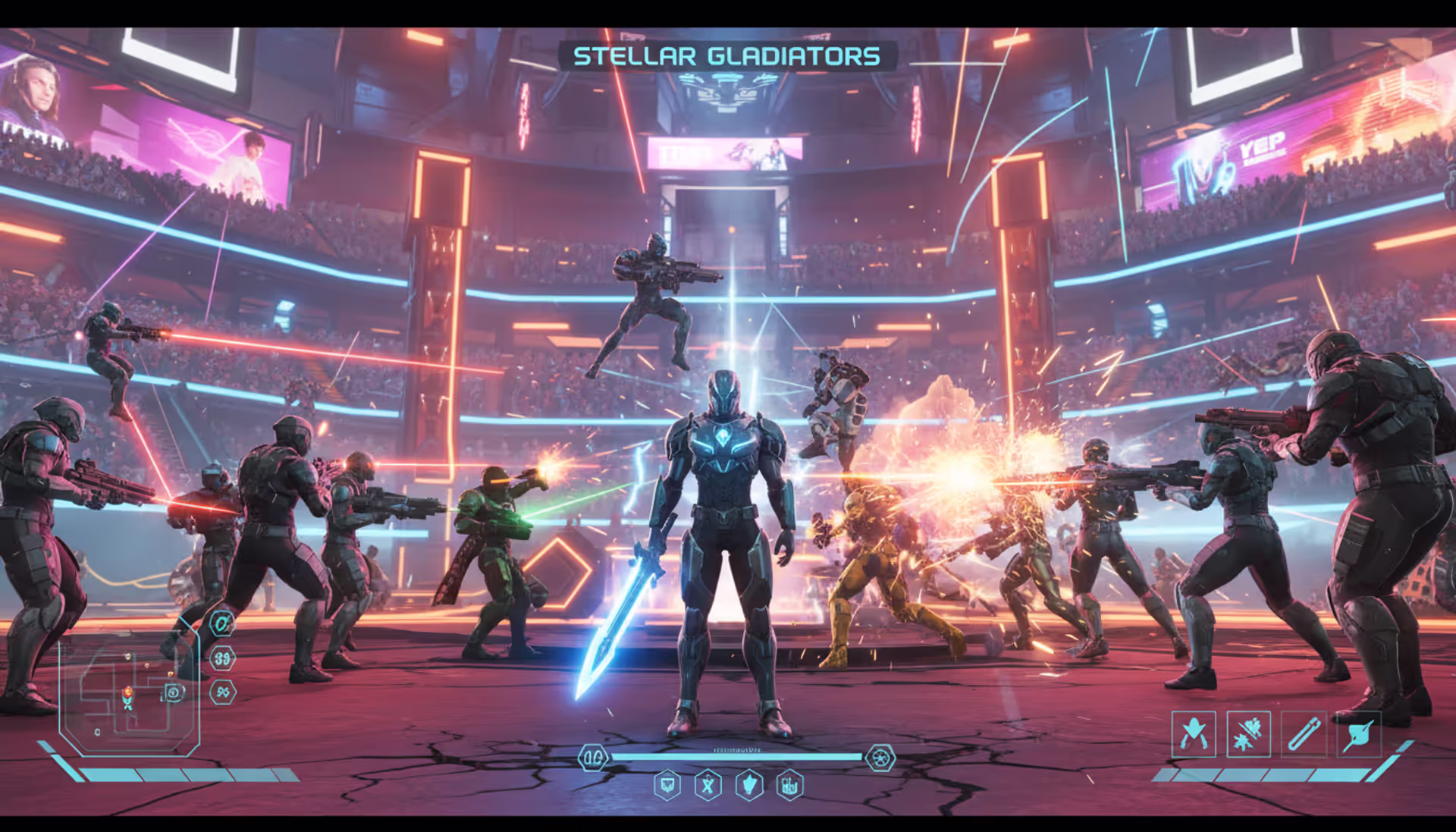 A motionless game character standing idle in the middle of a chaotic multiplayer battle arena while other characters fight around it