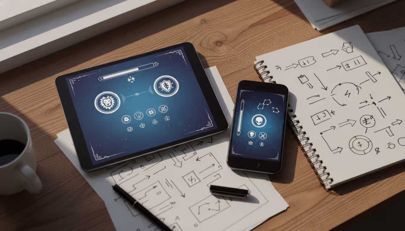 Top-down view of a desk with tablet and smartphone showing fantasy idle game interfaces with faction icons and a notebook with hand-drawn strategy diagrams