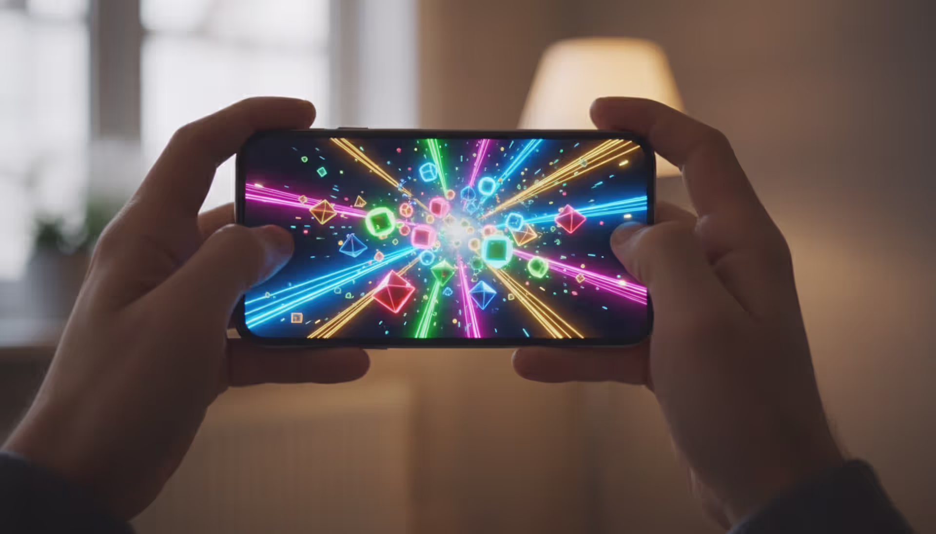 Hands holding a smartphone with a colorful abstract mobile game on screen, blurred warm background