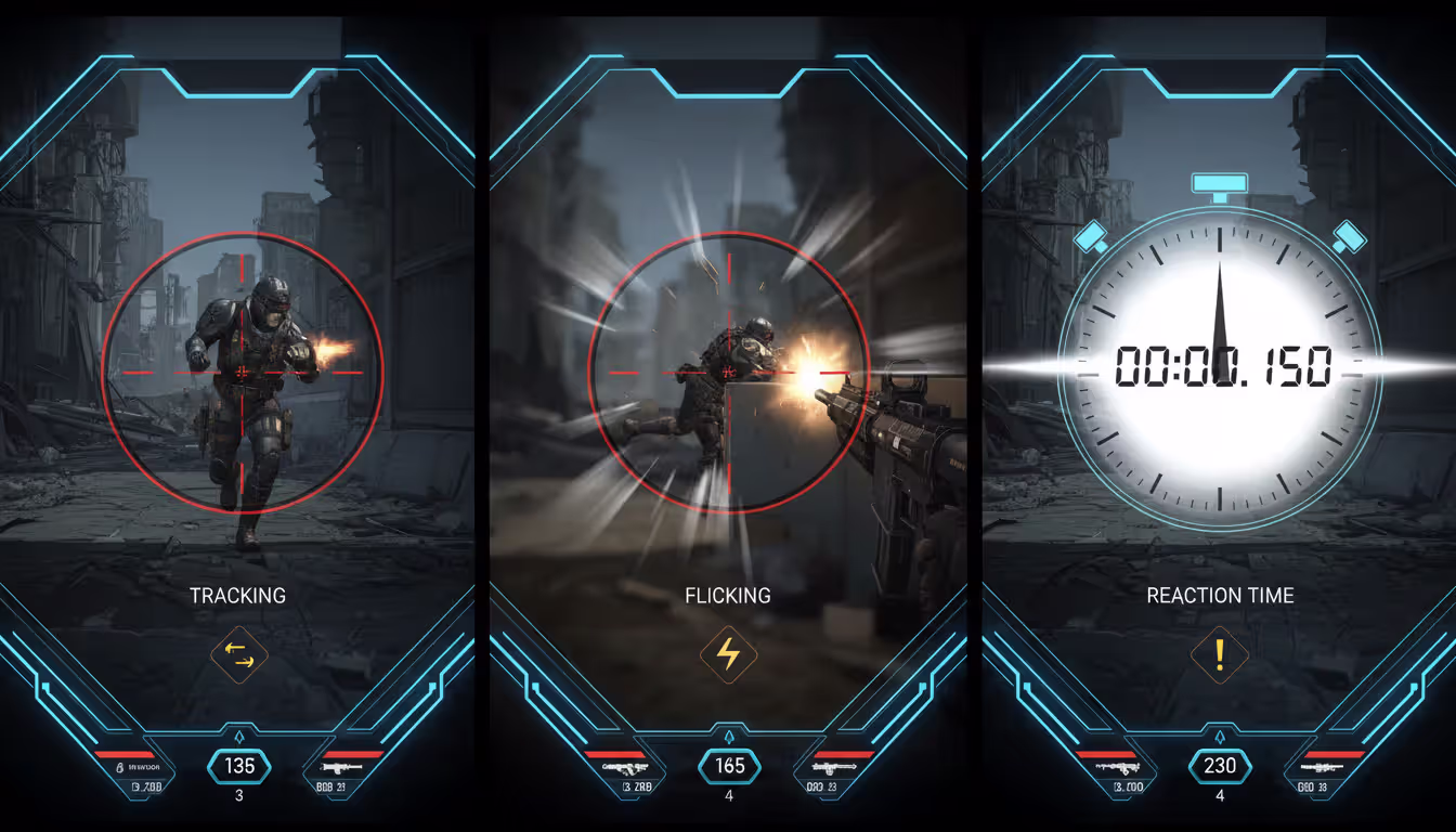 Split illustration showing three aim types in FPS gaming: tracking a moving target on the left, flicking to a sudden target in the center, and reaction time visualization on the right