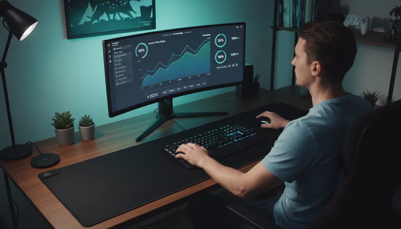 Gamer sitting at a desk with proper posture, hands on a large mousepad, monitor displaying aim training performance graphs and statistics