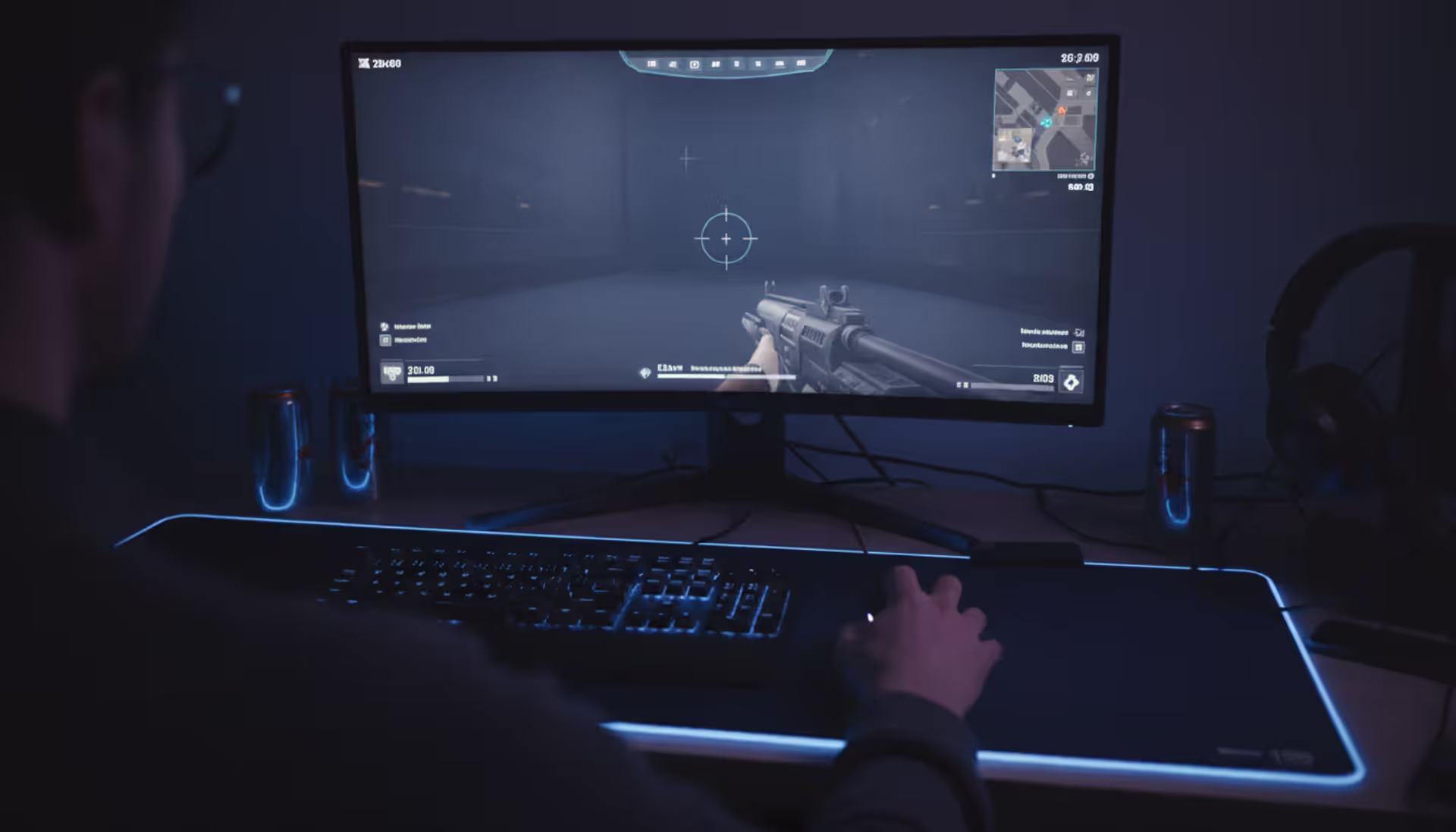 First-person view of a gamer's hand on a gaming mouse with an FPS crosshair visible on the monitor screen in a dark room with monitor backlighting