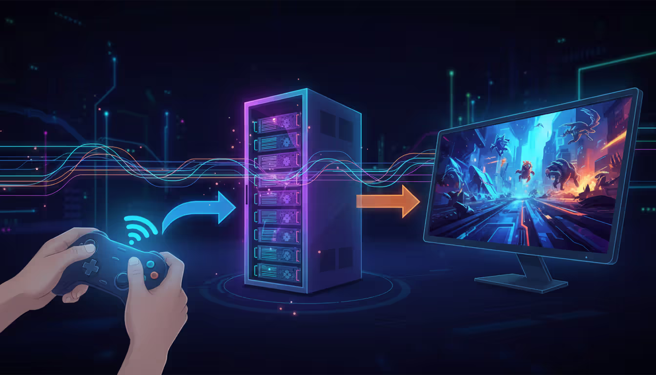 Schematic diagram showing cloud gaming data flow from a game controller through a server rack to a display screen with glowing data stream lines on a dark tech background