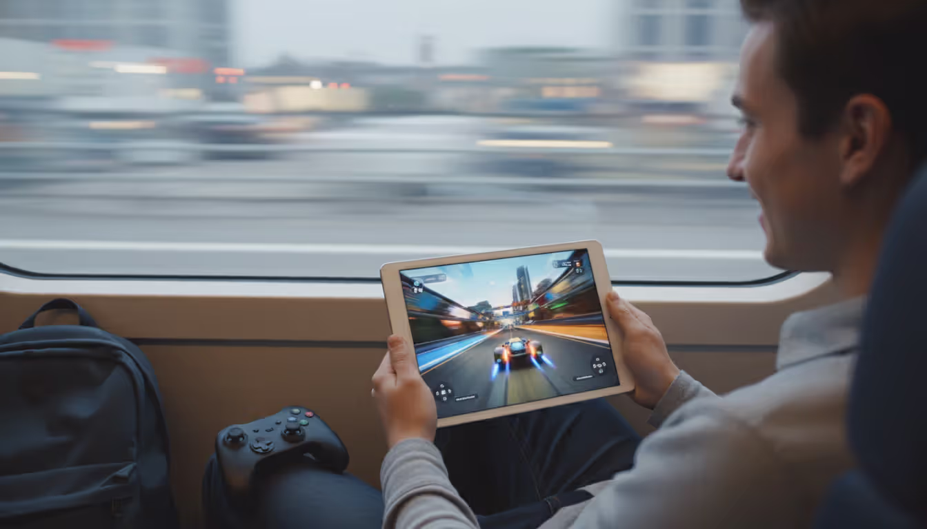 A traveler in a train or airport holding a tablet displaying a racing game with a compact game controller on the seat and a blurred cityscape outside the window