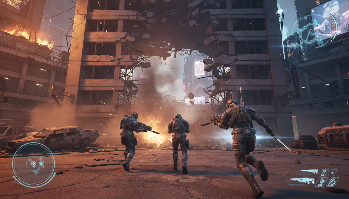 A first-person shooter game scene showing a partially destroyed building with debris and dust, two armed soldiers moving through a wall breach during a competitive match