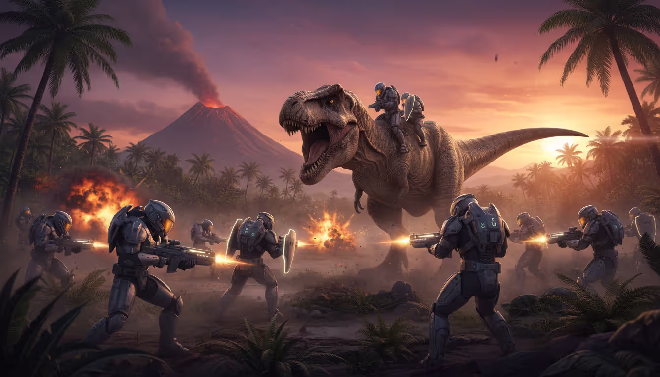 A battle royale game scene in a prehistoric setting with armed players in futuristic gear fighting near a large aggressive dinosaur in a tropical landscape with a volcano and orange sunset sky