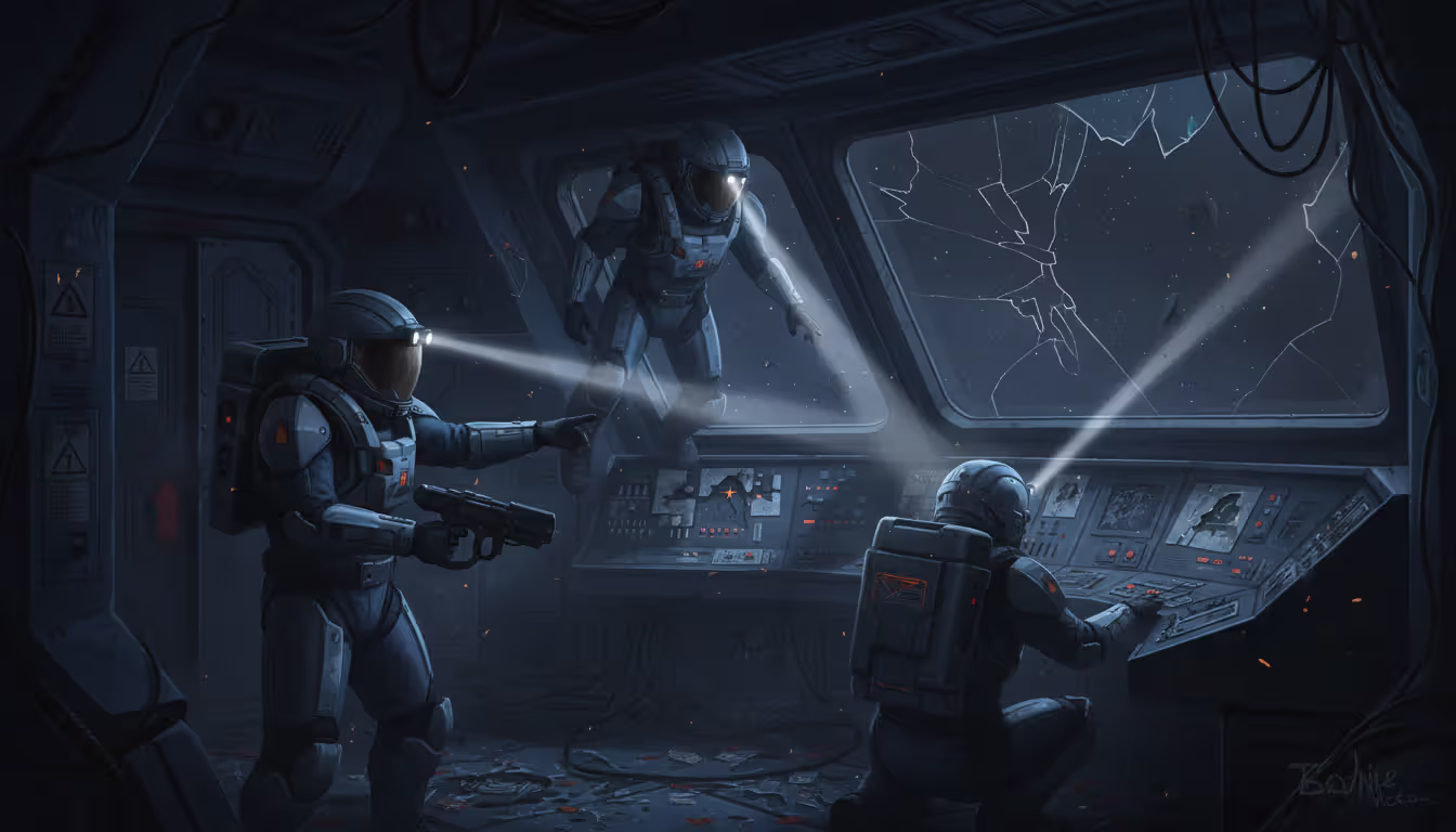 Three astronauts in space suits with helmet lights exploring a dark damaged derelict spaceship interior with flickering control panels and floating debris