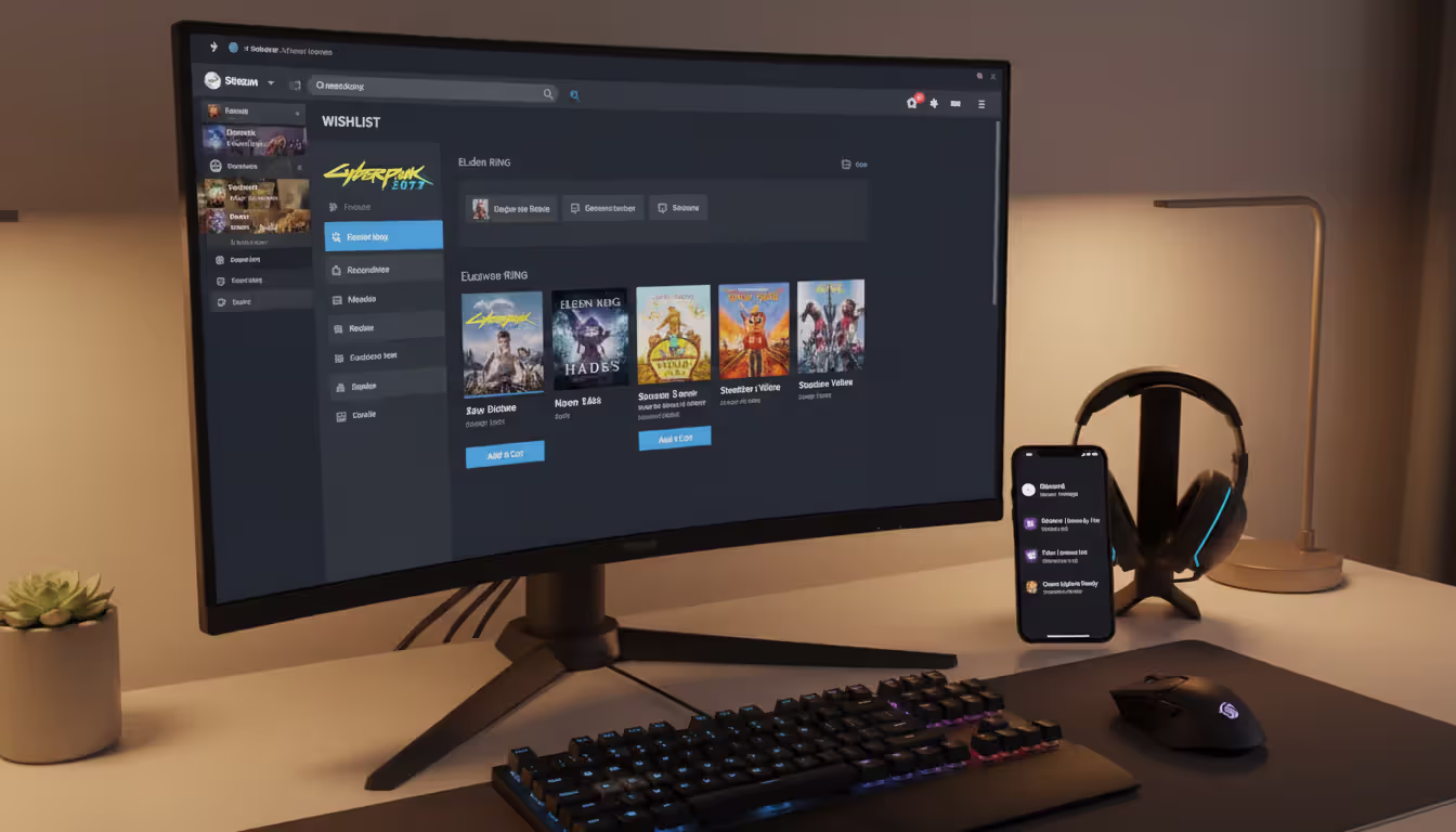 A gamer desktop setup with a monitor showing a Steam wishlist interface, a smartphone with notifications, gaming headset and mouse on a tidy desk with warm ambient lighting